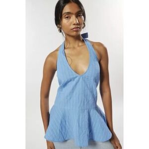 Silence + Noise Kayla Halter Tunic Top Blue Pinstripe Peplum Ruffle‎ Size Medium